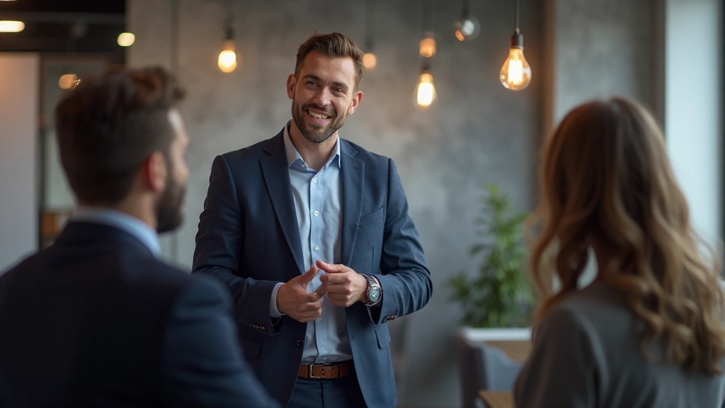 Business professionals in modern office having Dutch language meeting