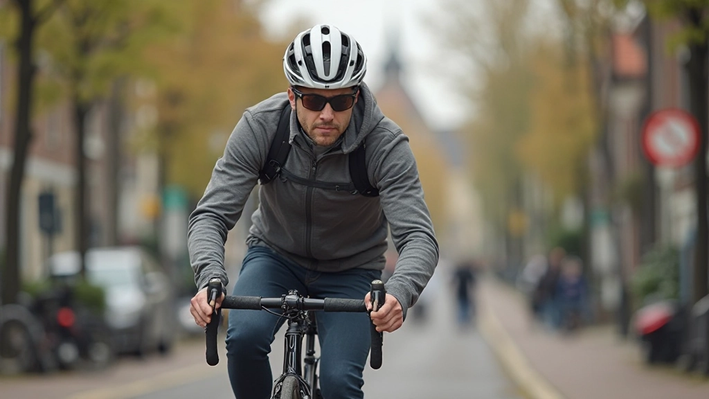 Nederlandse fietser navigeert door drukke Amsterdam straat