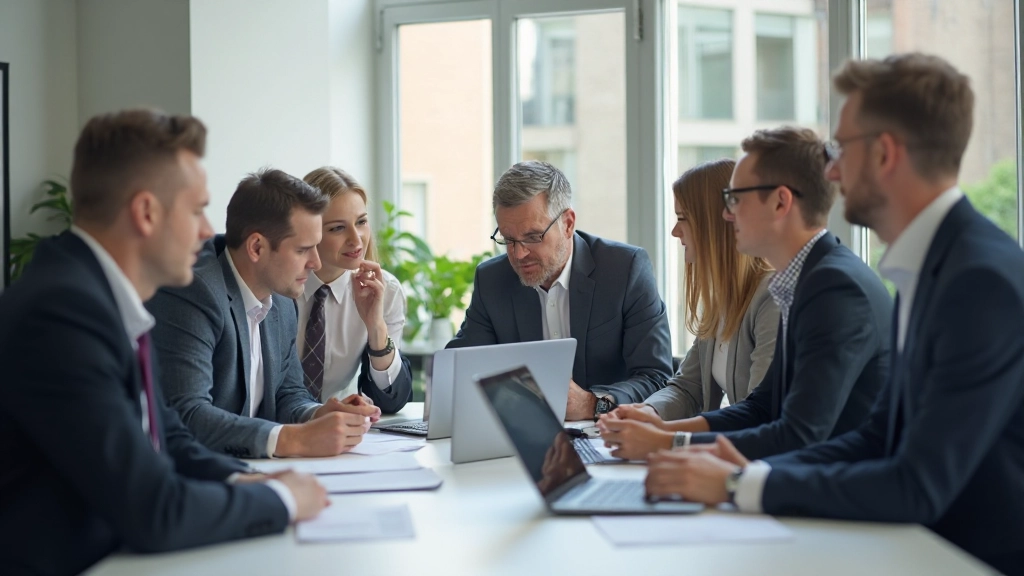 Professionele man en vrouw in kantoor omgeving tijdens vergadering met laptops en documenten
