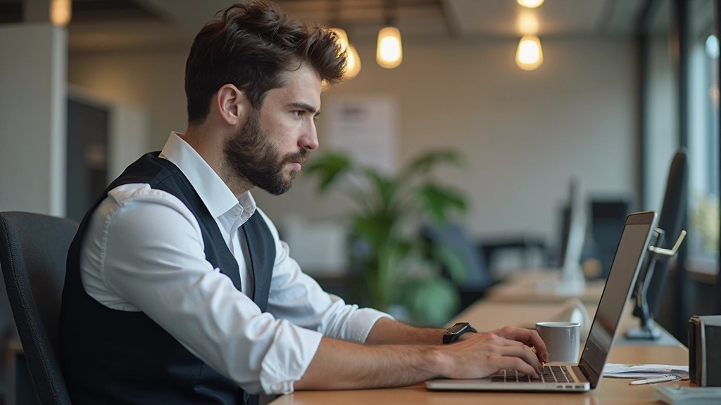 Professionele man die aan zijn bureau zit en intens concentreerd naar zijn computermonitor kijkt terwijl hij e-mails schrijft