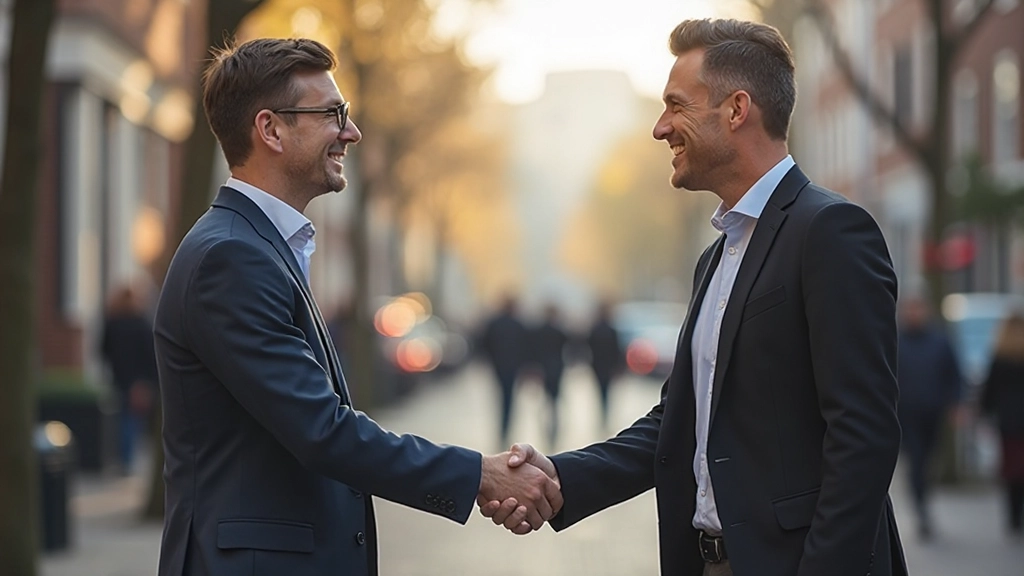 Twee Nederlandse vrienden begroeten elkaar buiten met een handdruk