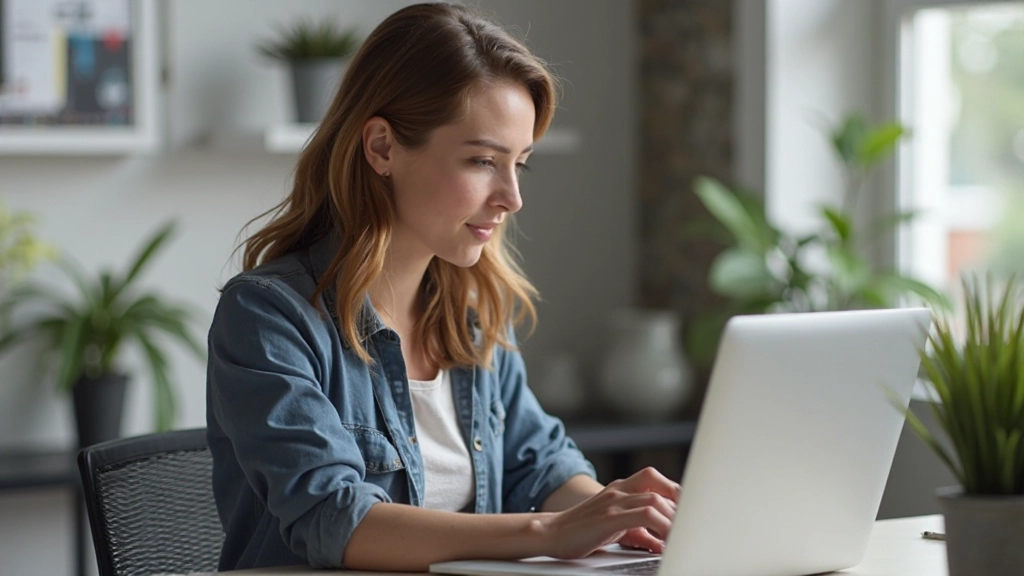 Jonge professional die in een trainingsruimte aan haar laptop werkt en via videogesprek Nederlands oefent