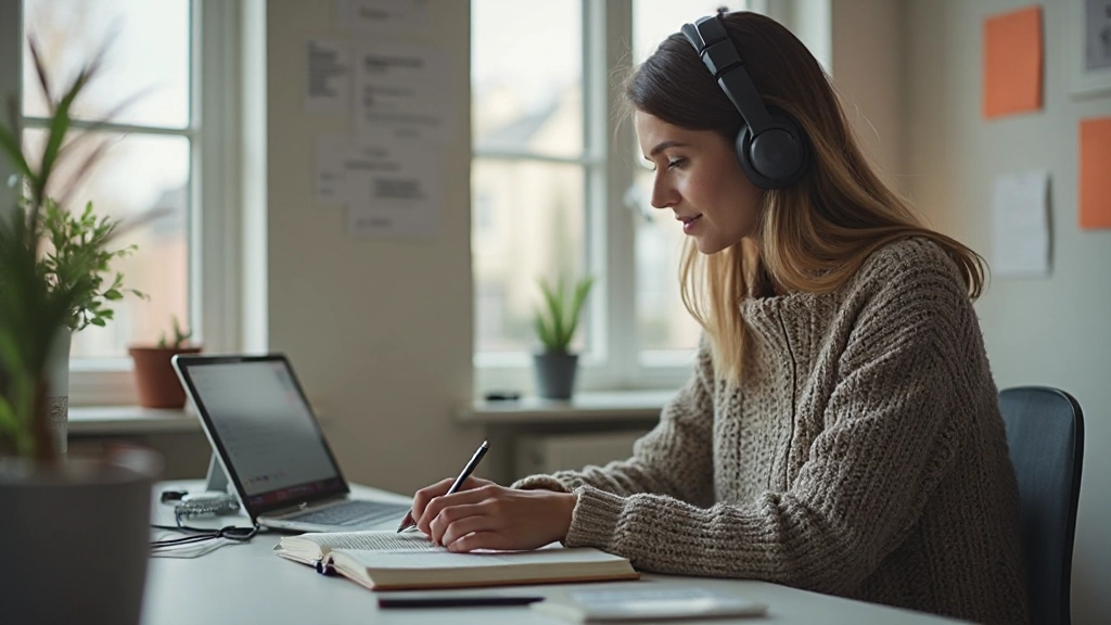 Woman reading Dutch literature and practicing pronunciation exercises