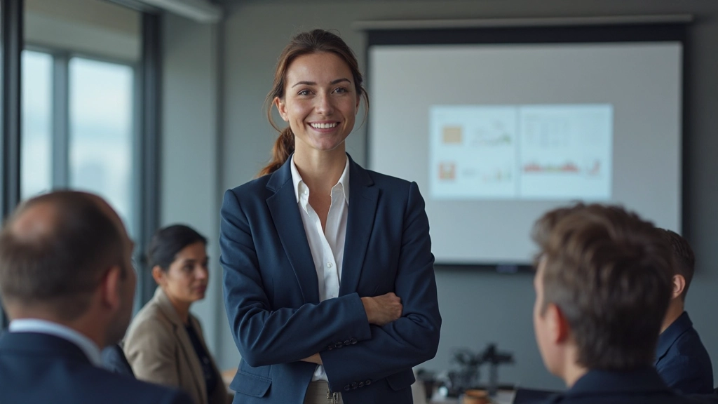 Vrouwelijke professional die een presentatie geeft in een modern kantoor met grafieken en diagrammen op de achtergrond
